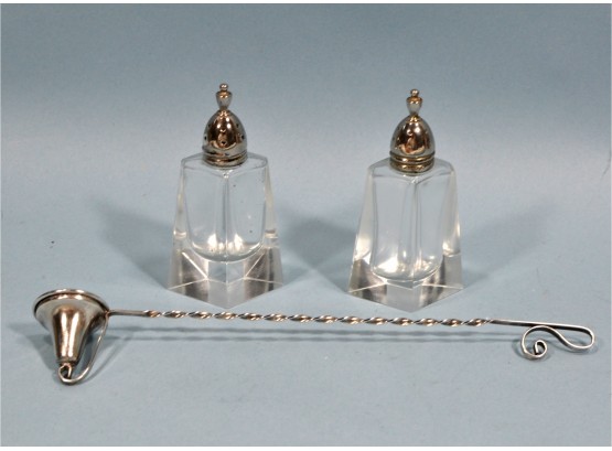 Vintage Sterling Silver Lot- Glass Salt/ Pepper Shakers, Candle Snuffer