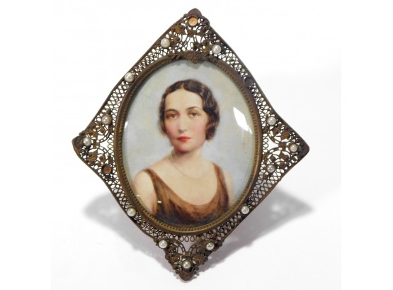 Antique Woman Portrait Miniature Painting On Ivory - Brass Frame With Pearls