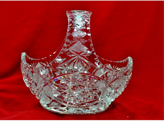 Vintage Bohemian Crystal Cut Glass Easter Basket Bowl With Handle Large