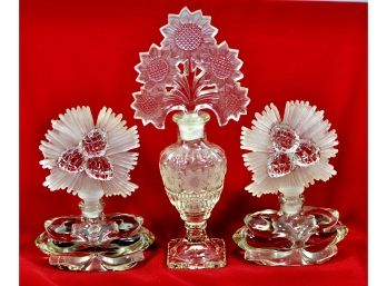 Lot 3 Vintage Imperial Glass Perfume Bottles With Large Sunflower & Acorn Stoppers