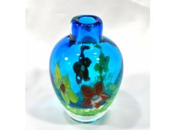 Vintage Blue Glass Art Vase-painted From Inside