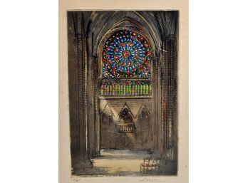 Antique Notre Dame Interior Color Etching - Pencil Signed Lancon