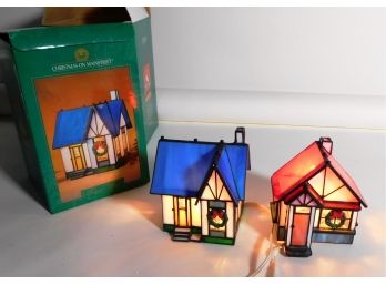 Christmas On Mainstreet -Pair Stain Glass Illuminated Houses