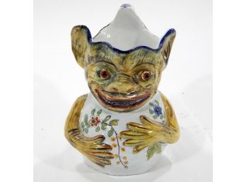 Antique French ROUEN Pottery Goblin Beer Stein With Glass Eyes