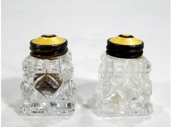 Norwegian Cut Glass Set Salt/Pepper Shakers Guilloche Enamel Sterling
