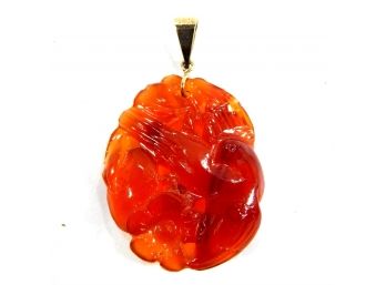 Vintage Chinese Carved Carnelian Stone Pendant 14K Gold