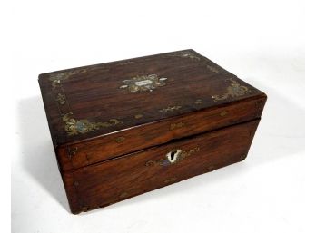 Antique Wood Rosewood Veneer Letter Box Brass & MOP Inlay