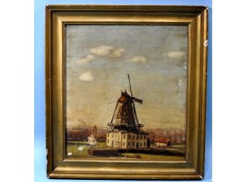 Antique Oil Painting Landscape With Windmill Signed