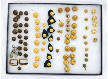 Collection Of Early Military Buttons In Display Case