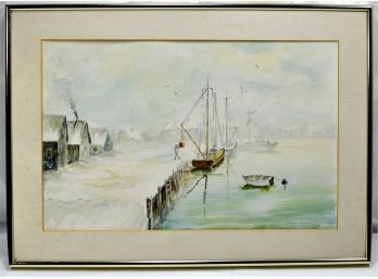 Vintage Painting Fishermen's Dock Signed