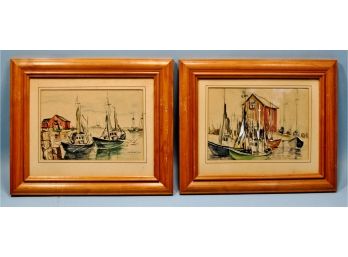 Pair Vintage Watercolors Of Sail Boats By Savino