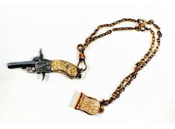 Antique Austrian Miniature Pinfire Berloque Pistol Fob With Chain Solid 14K Gold Slider