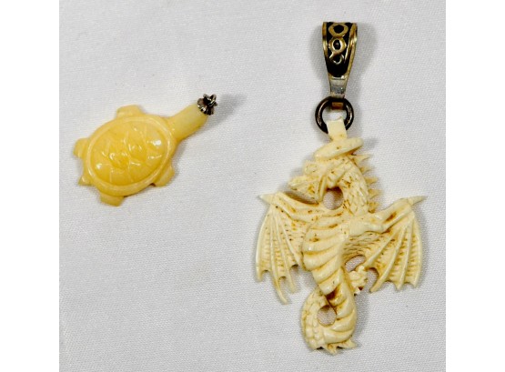 Antique Carved Ivory Pendants Turtle & Dragon