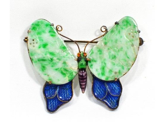Vintage Gilded Silver Enamel & Carved Jade Butterfly Brooch
