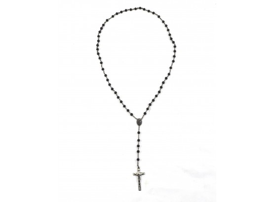 Vintage Catholic Rosary Sterling Silver & Ebony Beads With Leather Pouch