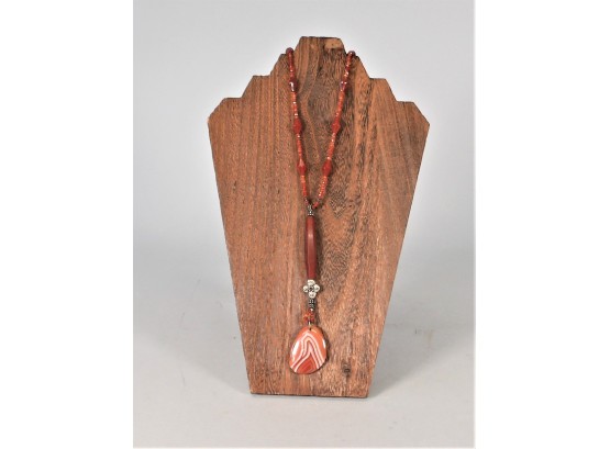 Orange Beaded Necklace With Cool Agate Pendant