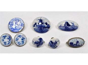 Lot Vintage DELFT White & Blue Brooches & Earrings