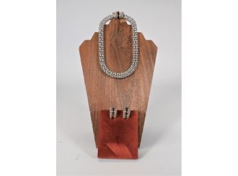 Silver Costume Necklace With Orange Glass Stones & Matching Clip-on Earrings