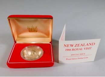 1986 NEW ZEALAND One Dollar Proof Silver Coin With Box & COA