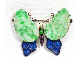 Vintage Gilded Silver Enamel & Carved Jade Butterfly Brooch
