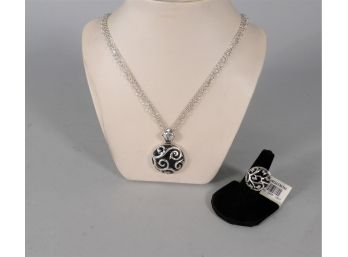 Beautiful Designer Sterling Silver & Black Onyx Necklace With Matching Ring By Barse