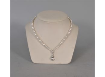 Swarovski Silvertone Pearl Necklace With Crystal Pendant