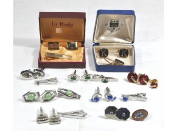 Nine Sets Of Cufflinks With Tie Clips