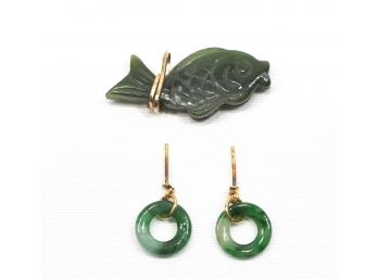 Vintage Jade Hoop Earring & Fish Pendant