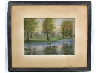 Antique 19th Century Pastel Riverscape Signed A.E.H.