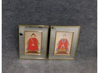 Pair Chinese Man & Woman Prints In Mirror Frames