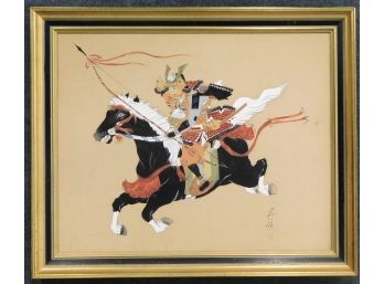 Large Vintage Chinese Warrior Watercolor Painting- Signed