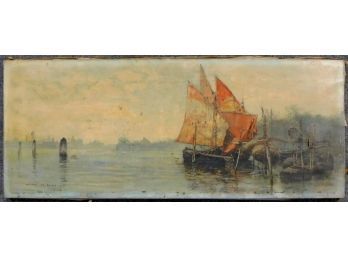 Walter Francis Brown (1853 - 1929) Venetian Harbor Scene Oil Painting For Restoration