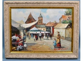 Vintage W SERRIND European Oil Painting- Flower Market