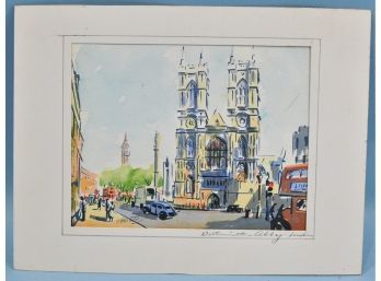 Vintage Original Watercolor Westminster Abby, London