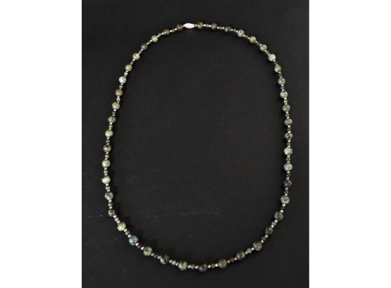 30' Jade (?) And Sterling Bead Necklace