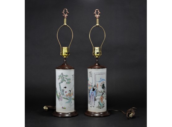 Vintage Pair Chinese Brush Jar Lamps