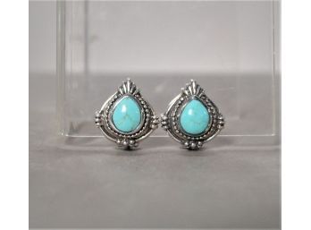 Sterling Silver And Turquoise Stone Clip Earrings.