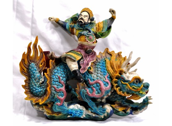 Vintage Chinese Roof Tile Warrior Guardian Riding Dragon