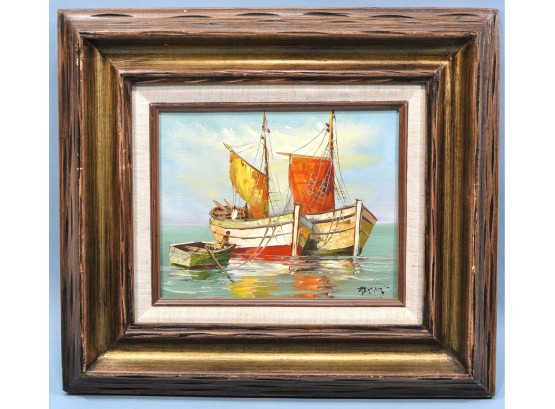 Vintage Fishing Boats Oil On Canvas- Signed
