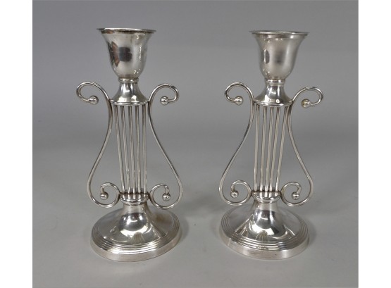 Pair Of Silver Lyre Candle Holders