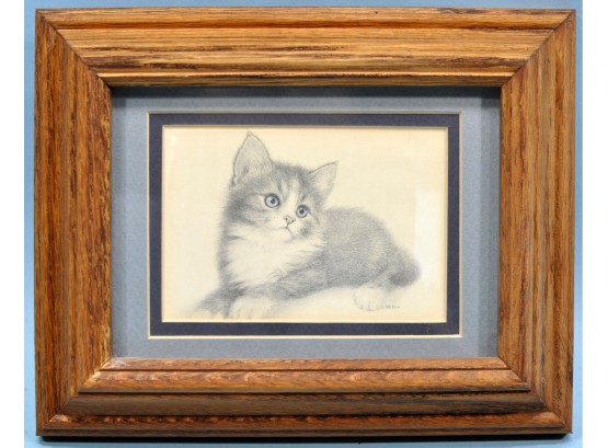 Vintage Virginia Miller Cute Kitty CAT Charcoal Drawing Offset Print