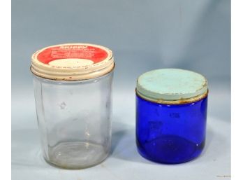 Vintage Original Skippy Peanut Jar & Blue Glass Noxzema
