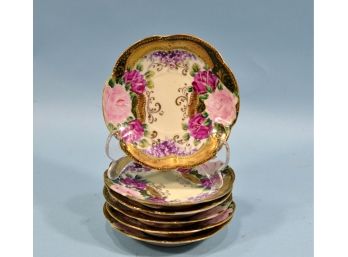 Set 6 Vintage Gild Jeweled Painted Flowers Plates