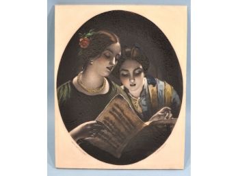 Vintage Colored Etching Of SINGING LADIES On Celluloid Plaque