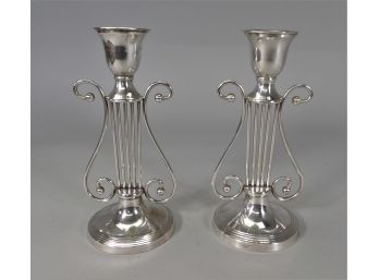 Pair Of Silver Lyre Candle Holders