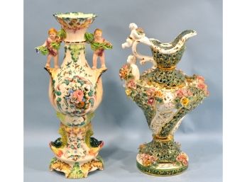 Pair Capodimonte Exquisite Vintage Porcelain Large Pitcher Vases