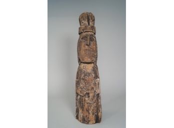 Primitive Folk Art Wood Figurine Of Man Holding Animal