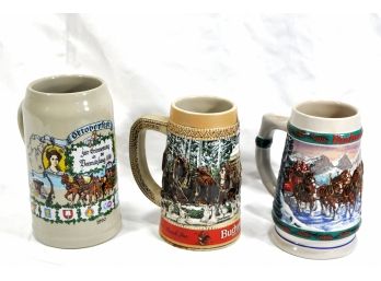 Lot 3 Beer Steins - Budweiser Holiday Collection & Octoberfest