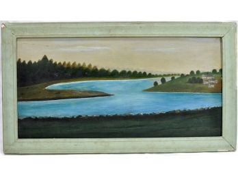 Antique 1913 Folk Art Riverscape With Houses Oil Painting