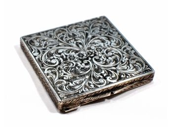 Beautiful Vintage Silver Powder Compact With Mirror - Floral Chased .800 Silver